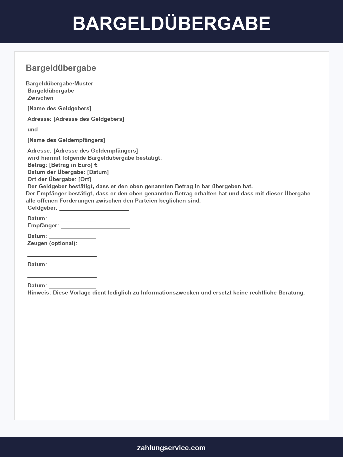 Bargeldübergabe Vorlage