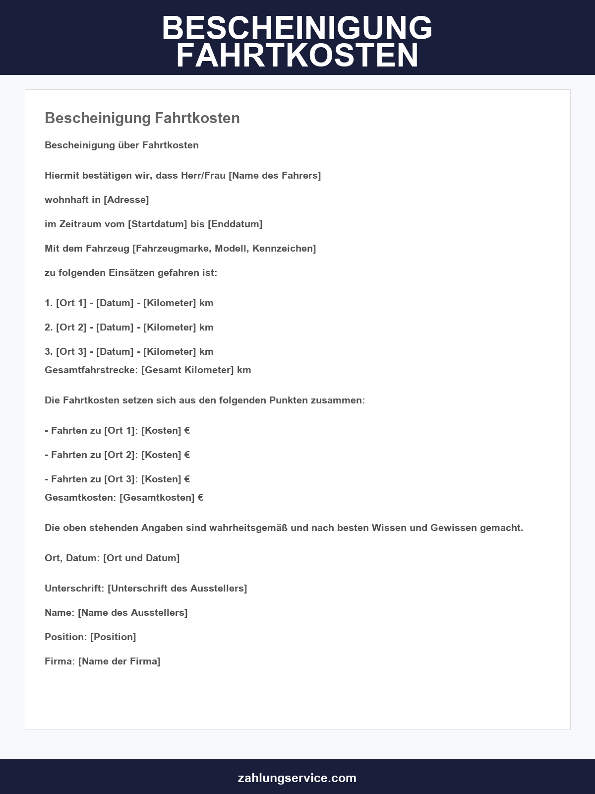 Bescheinigung Fahrtkosten Muster