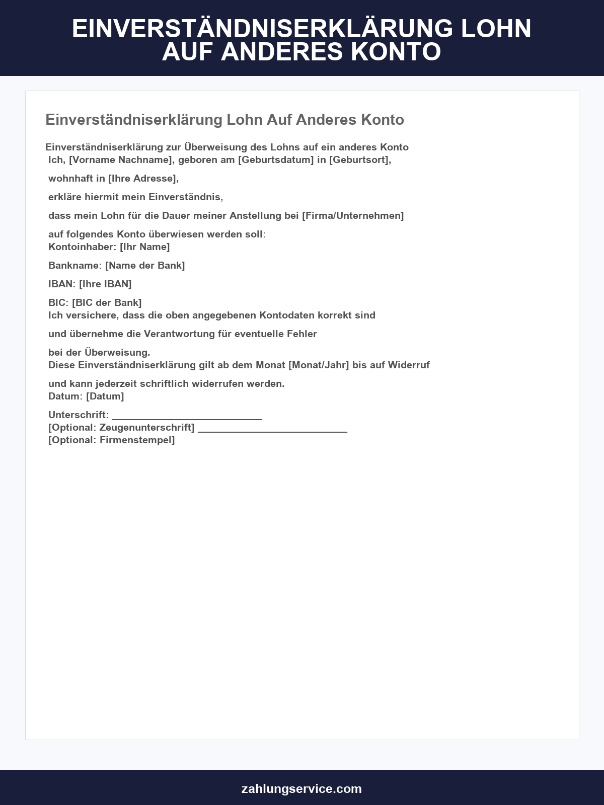 Einverständniserklärung Lohn Auf Anderes Konto Vorlage