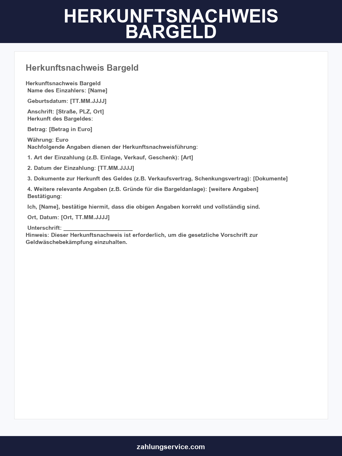 Herkunftsnachweis Bargeld Vorlage