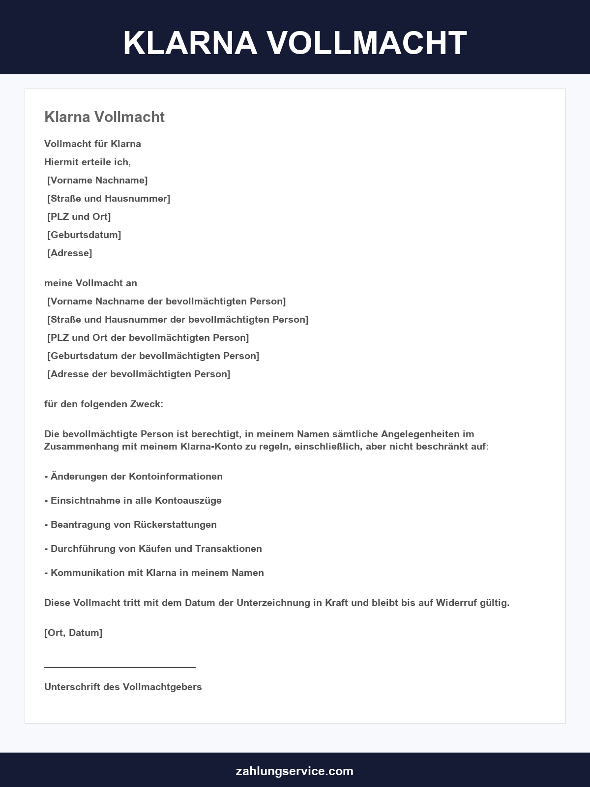 Klarna Vollmacht Formular