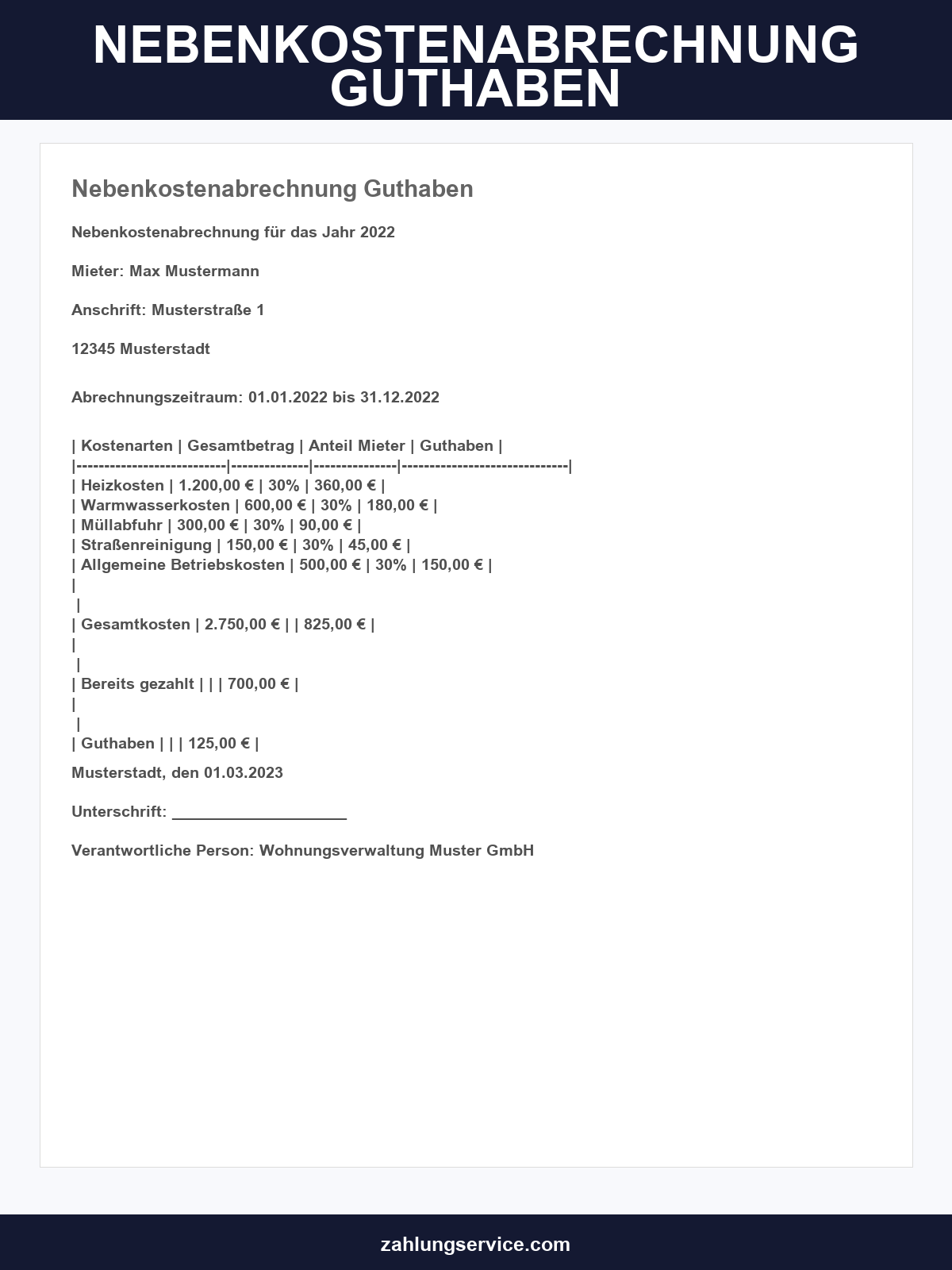 Nebenkostenabrechnung Guthaben Musterbrief