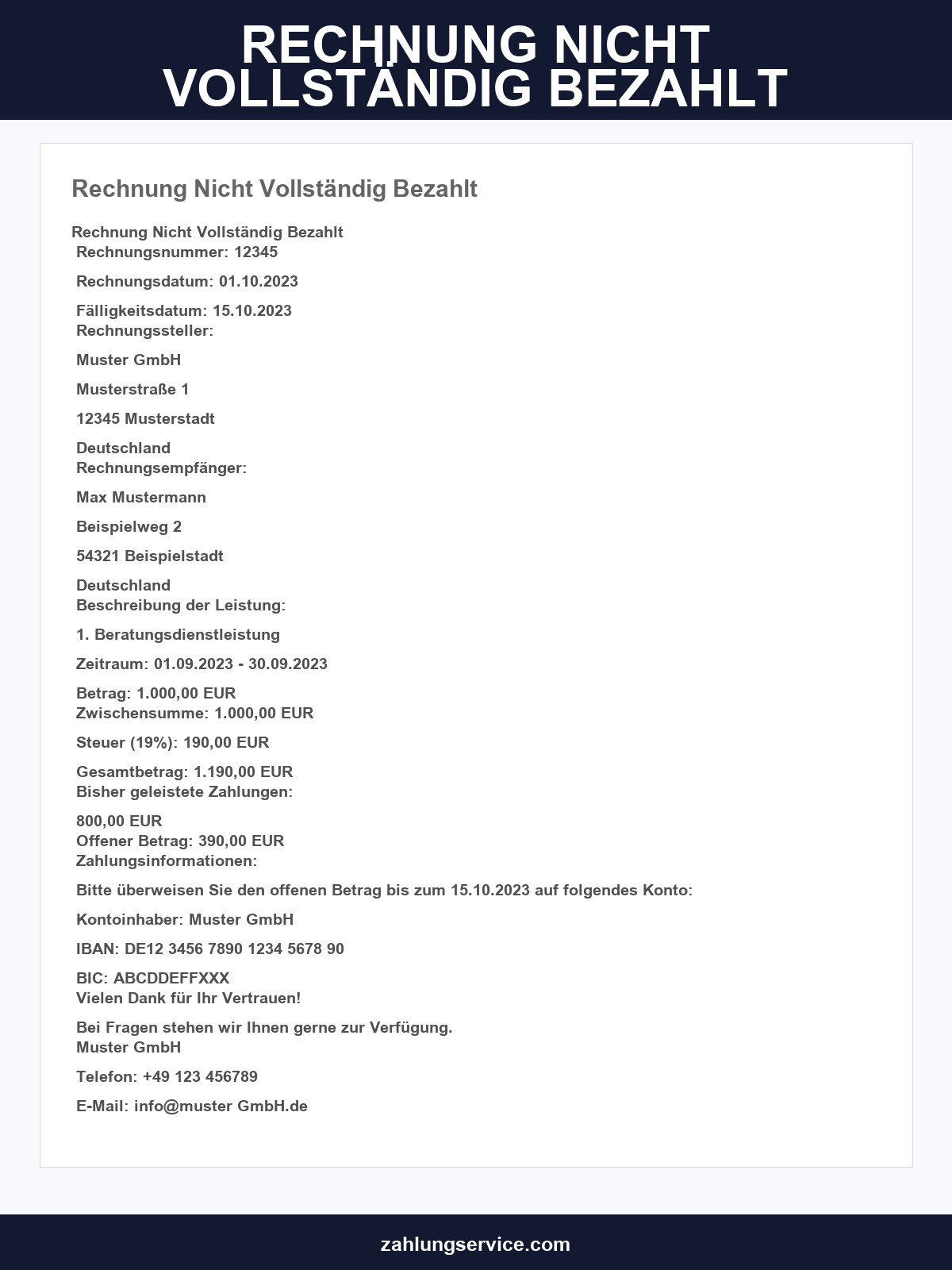 Rechnung Nicht Vollständig Bezahlt Musterschreiben