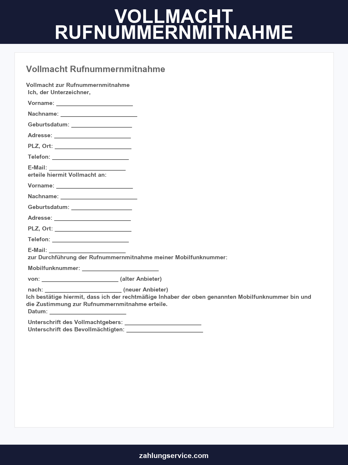 Vollmacht Rufnummernmitnahme