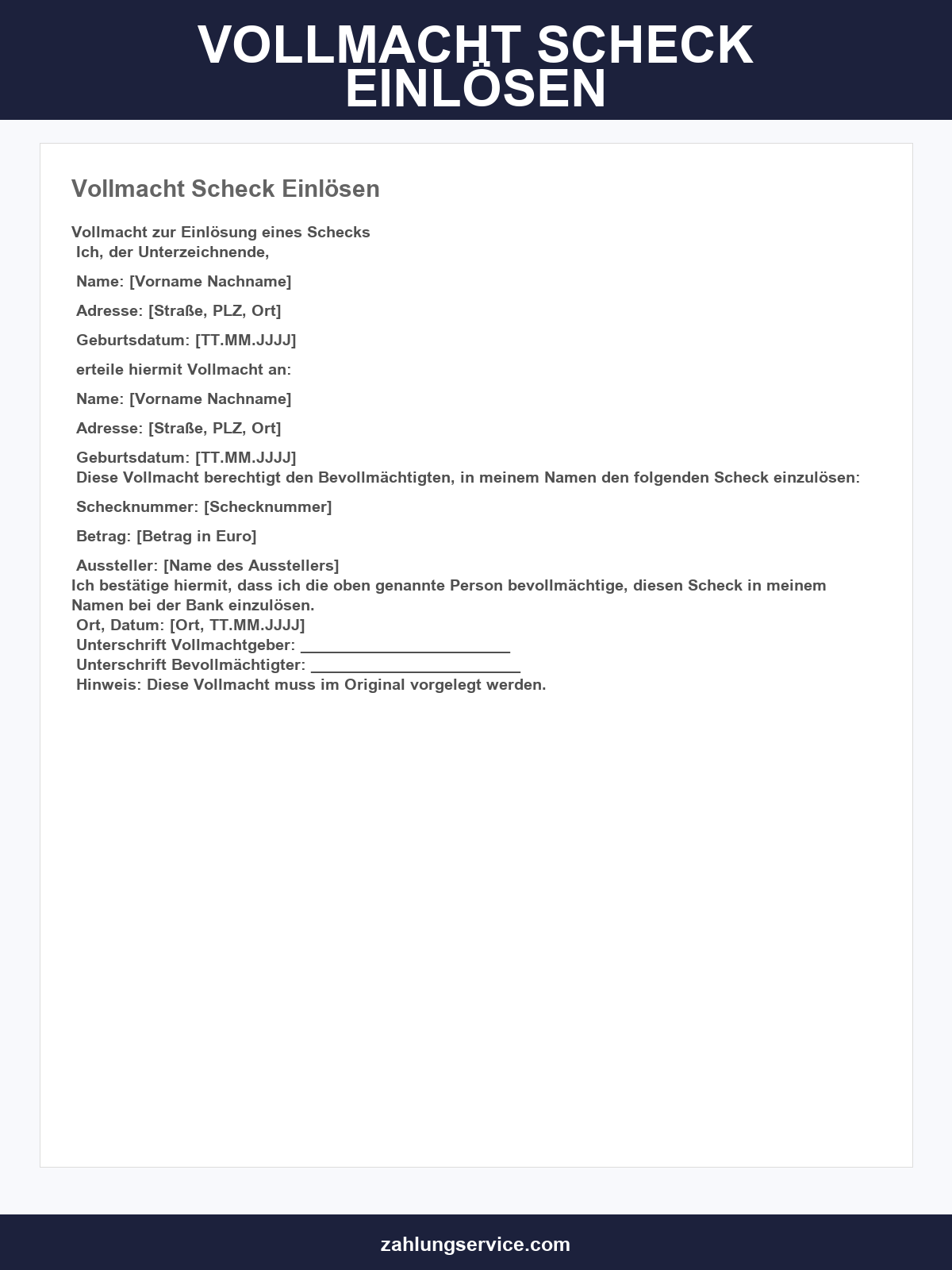 Vollmacht Scheck Einlösen Muster