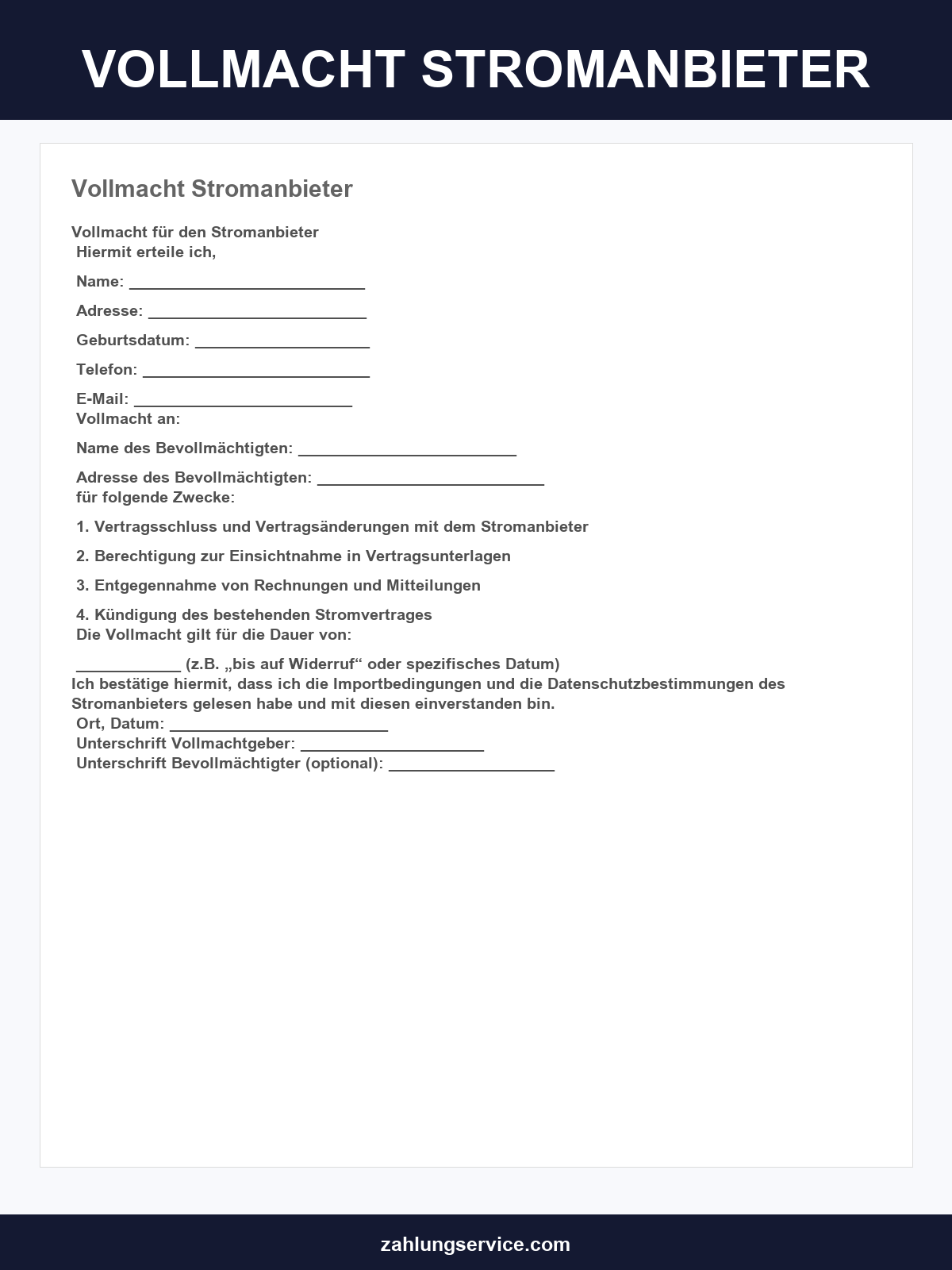 Vollmacht Stromanbieter Vorlage