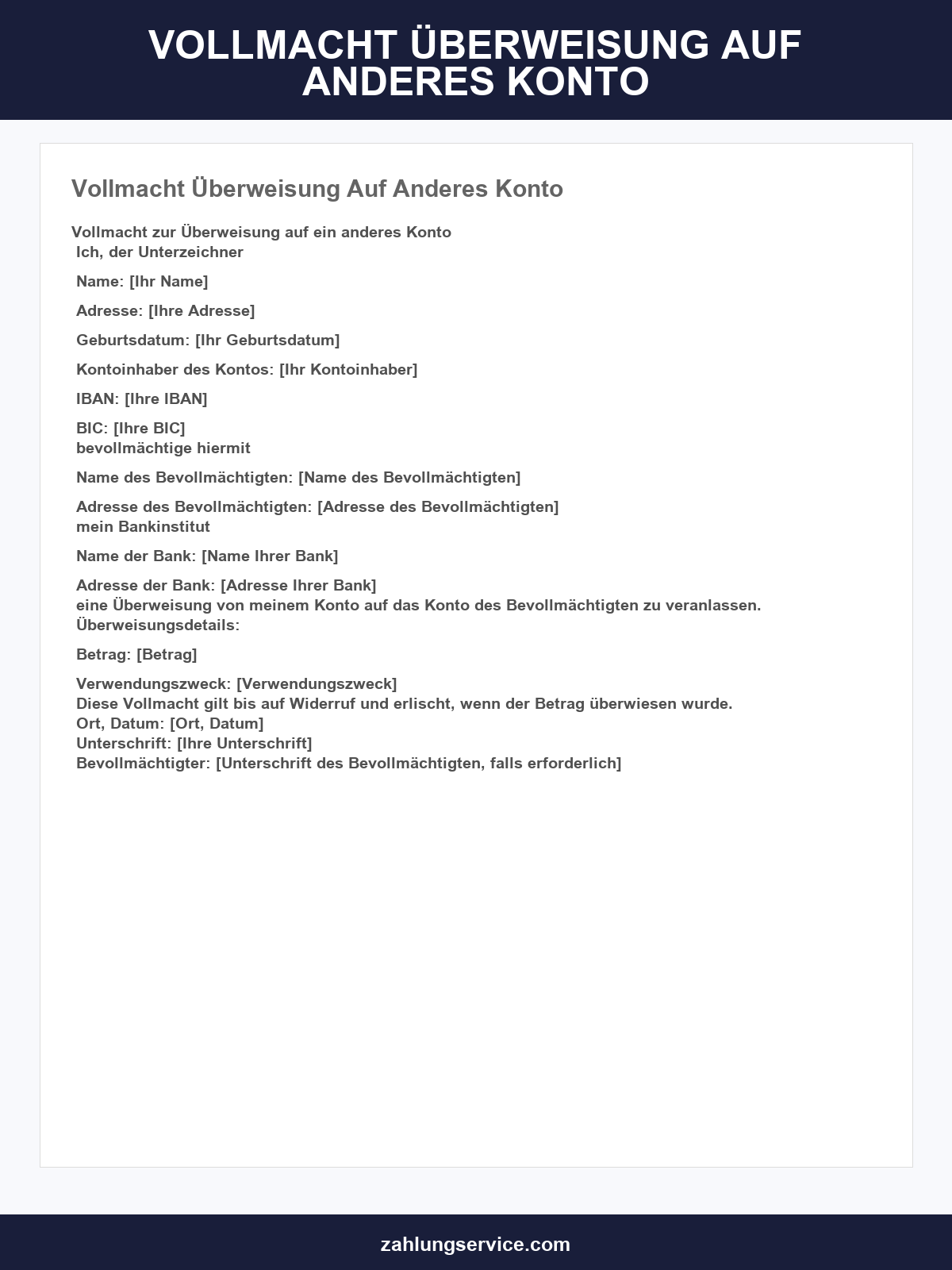 Vollmacht Überweisung Auf Anderes Konto Vorlage