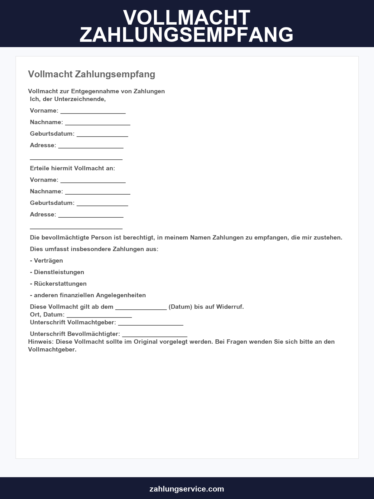 Vollmacht Zahlungsempfang Muster