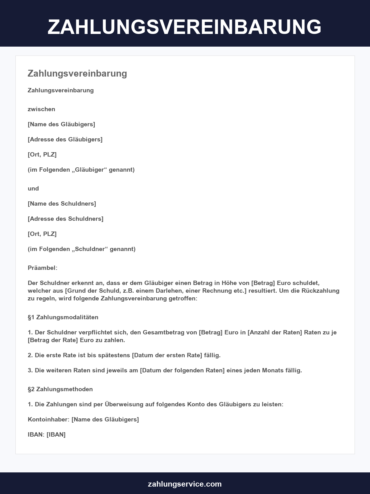 Zahlungsvereinbarung Vorlage