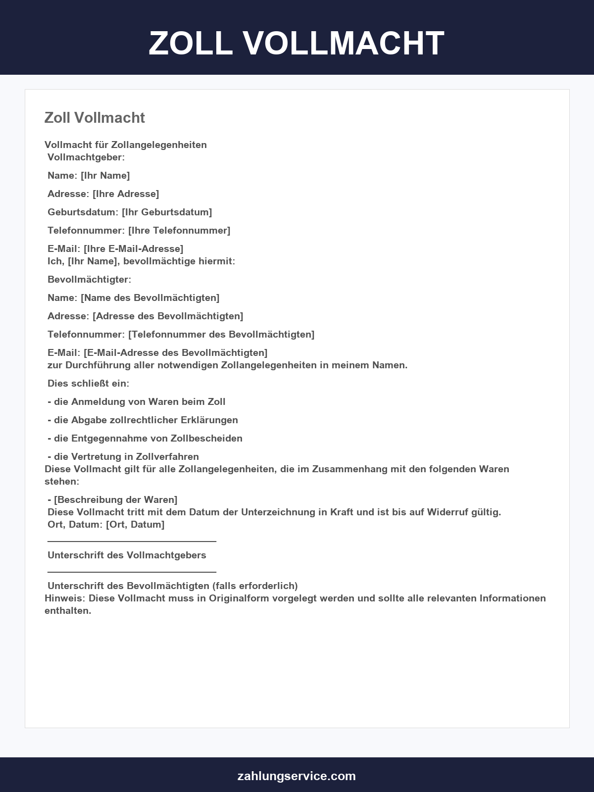 Zoll Vollmacht Muster